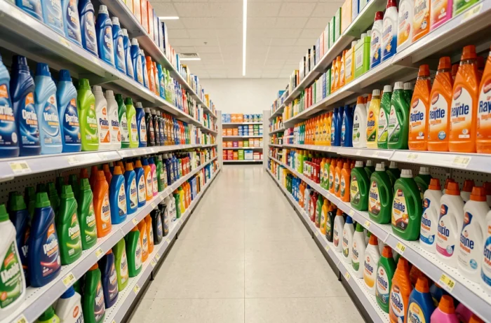 Rayon de supermarché avec des produits ménagers désinfectants et alternatives au Domestos alignés sur des étagères