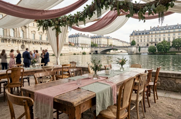 Réception en plein air au bord de la Saône à Lyon avec mobilier de location en bois, chaises vintage et décorations florales pour un événement estival