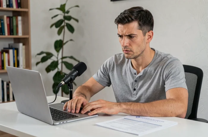Homme adulte pratiquant des exercices de rééducation orthophonique en autonomie à domicile avec microphone