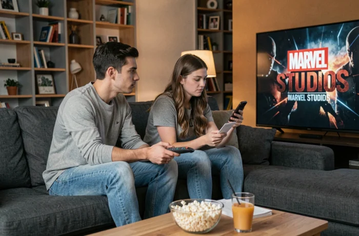 Deux jeunes adultes assis dans un salon moderne en train de décider dans quel ordre regarder la trilogie Spider-Man Tom Holland sur leur télévision