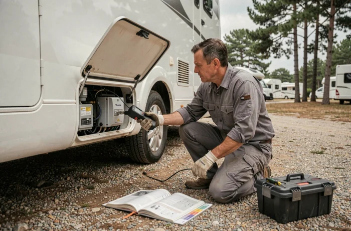 Technicien inspectant un chauffe-eau Truma sur un camping-car avec un outil de diagnostic et un manuel technique