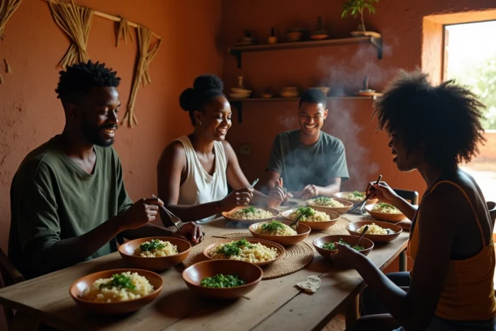 Famille malgache partageant un repas traditionnel à base de riz et de viande de zébu dans une maison rurale, reflétant les traditions culinaires sans porc à Madagascar