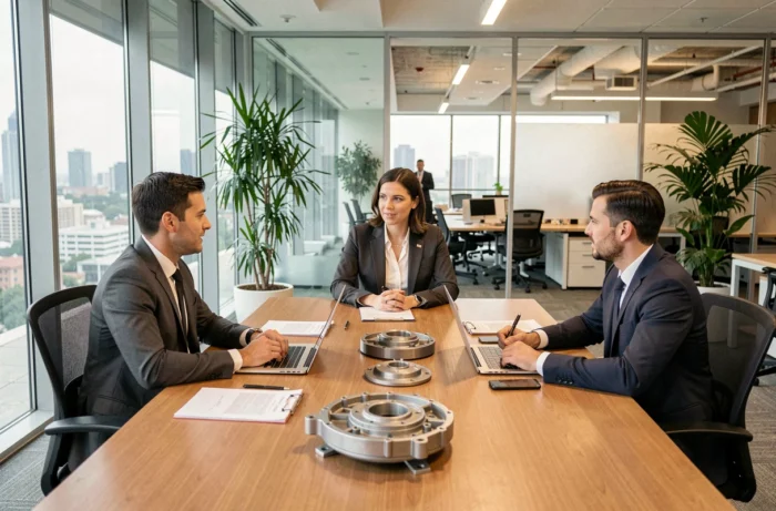 Réunion professionnelle entre une responsable automobile et des fournisseurs de tiers étendu dans une salle de conférence moderne