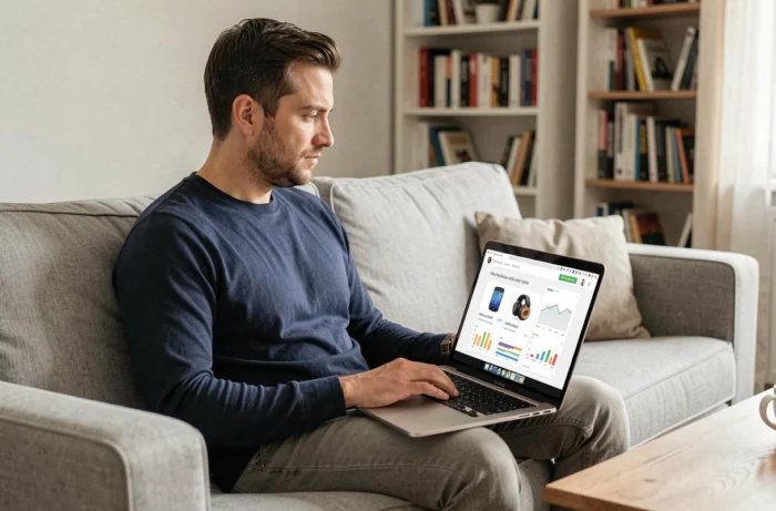 Homme consultant ses revenus de marketing d'affiliation sur un ordinateur portable depuis son salon à domicile