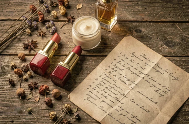 Tubes de rouge à lèvres vintage et crème cosmétique ancienne sur bois usé, évoquant les origines historiques des ingrédients cosmétiques d'origine animale