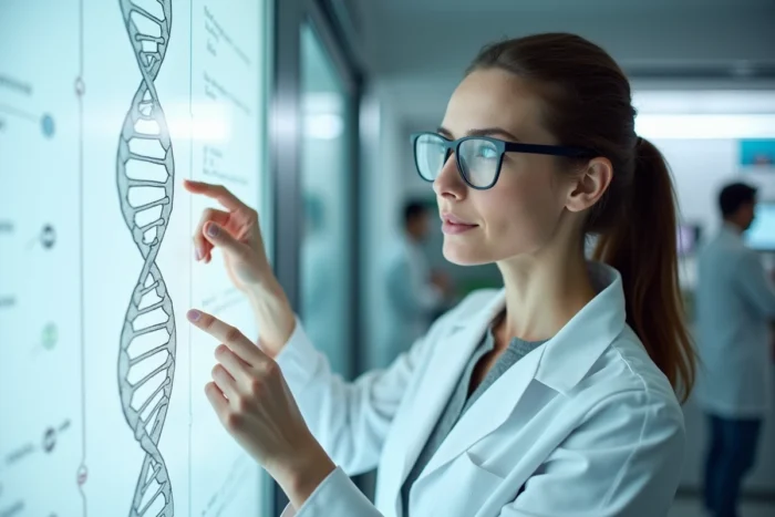 Scientifique en blouse blanche analysant un schéma d'ADN dans un laboratoire de génétique, illustrant la recherche sur l'hérédité des grossesses gémellaires