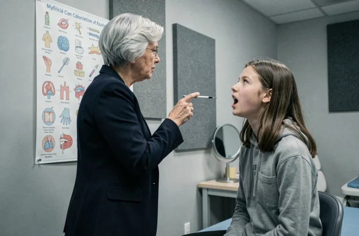 Orthophoniste et adolescente étudiant un tableau phonétique lors d'une séance de rééducation du langage en centre spécialisé