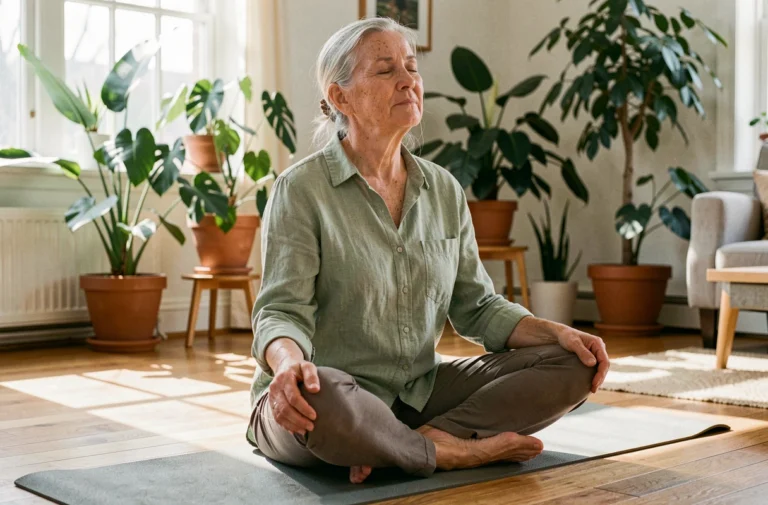 Femme senior pratiquant le yoga chez elle pour le bien-être et la santé des personnes âgées