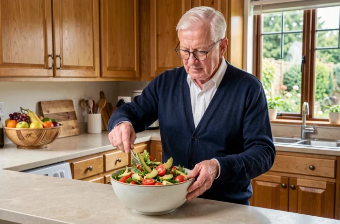 Senior homme préparant une salade saine dans sa cuisine, alimentation équilibrée pour bien vieillir