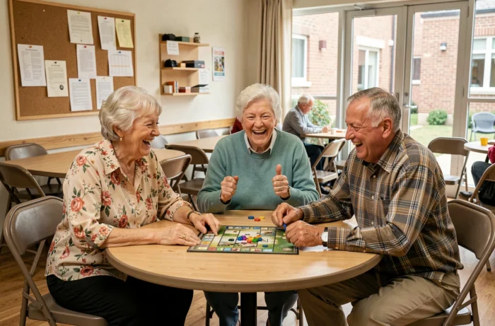 Groupe de seniors jouant à un jeu de société dans une salle d'activités d'un centre communautaire