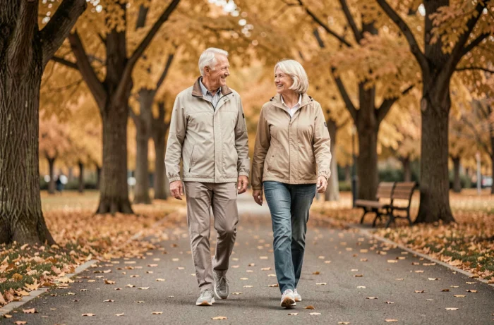 Couple de seniors en promenade dans un parc en automne, activité physique pour le bien-être des personnes âgées