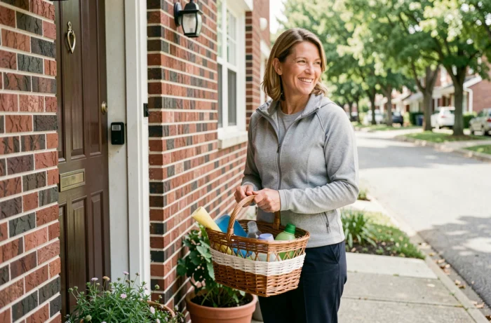 Femme proposant des services à domicile comme le ménage à une voisine, tenant un panier avec des fournitures de nettoyage devant une porte d'entrée