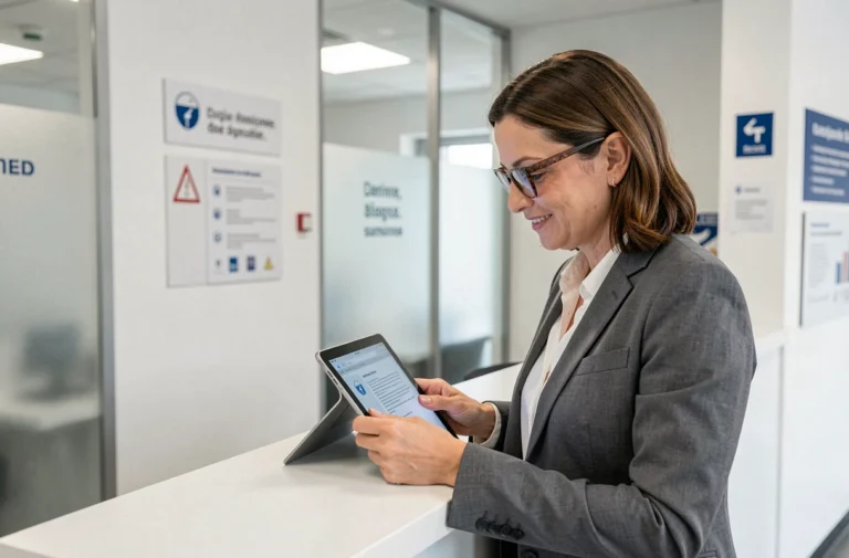 Femme consultant des services numériques dans une agence administrative modernisée en Île-de-France