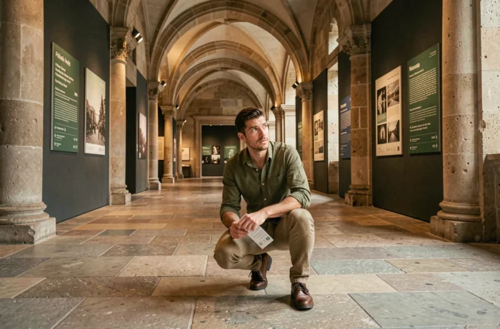 Visiteur étudiant un panneau de signalétique à l'entrée d'un musée patrimonial pour s'orienter