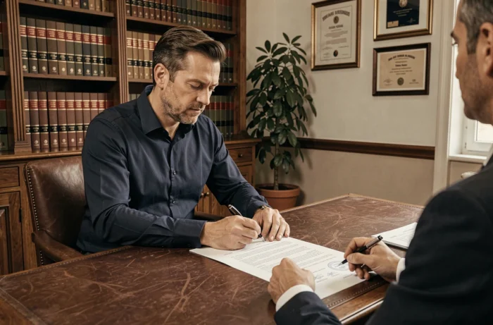 Homme signant des documents officiels lors d'une transaction immobilière dans un bureau de notaire