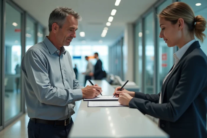 Fonctionnaire signant un contrat administratif au guichet d'un bâtiment de service public français