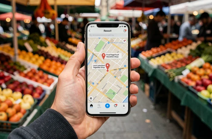 Main tenant un smartphone affichant une carte pour trouver un primeur ouvert à proximité, marché en arrière-plan flou