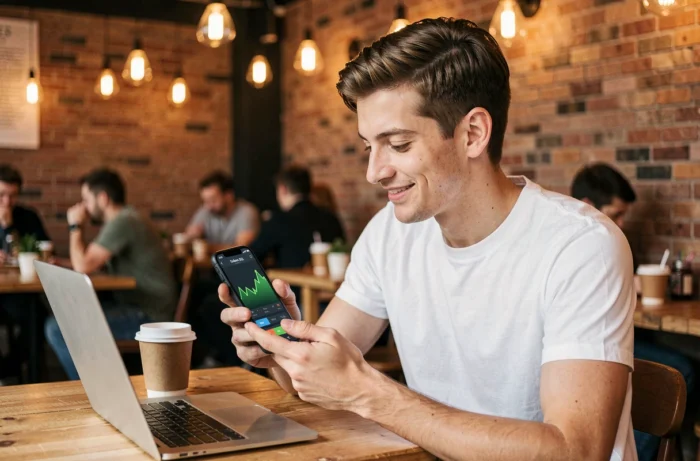 Jeune investisseur consultant l'application Solana SOL sur smartphone dans un café branché, illustrant l'adoption retail