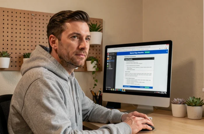 Homme répondant à un sondage rémunéré sur son ordinateur depuis son bureau à domicile