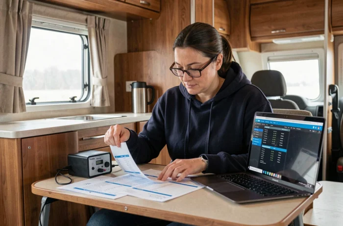 Femme analysant un tableau de codes erreur Truma avec un contrôleur iNet Box dans un camping-car