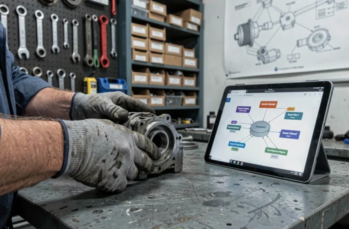 Technicien inspectant une pièce de transmission automobile dans un atelier, avec un schéma de réseau de fournisseurs tiers étendu visible sur une tablette