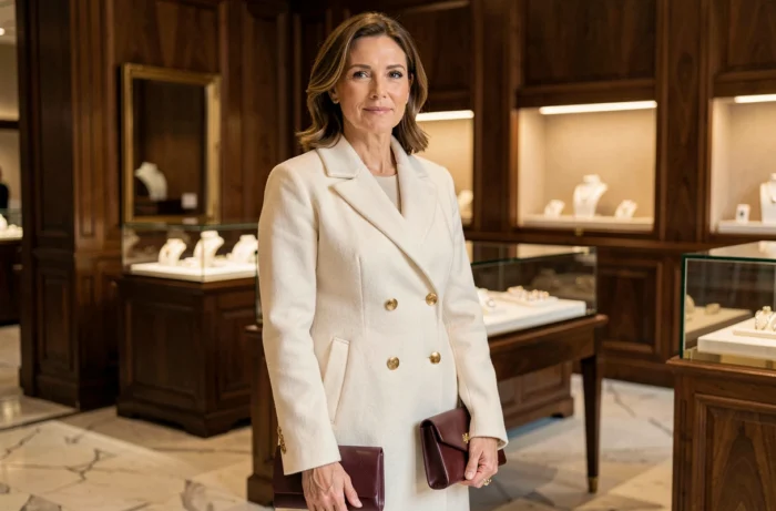 Femme élégante en manteau en cachemire ivoire dans une boutique de luxe parisienne avec parquet en marbre et vitrines de joaillerie en arrière-plan