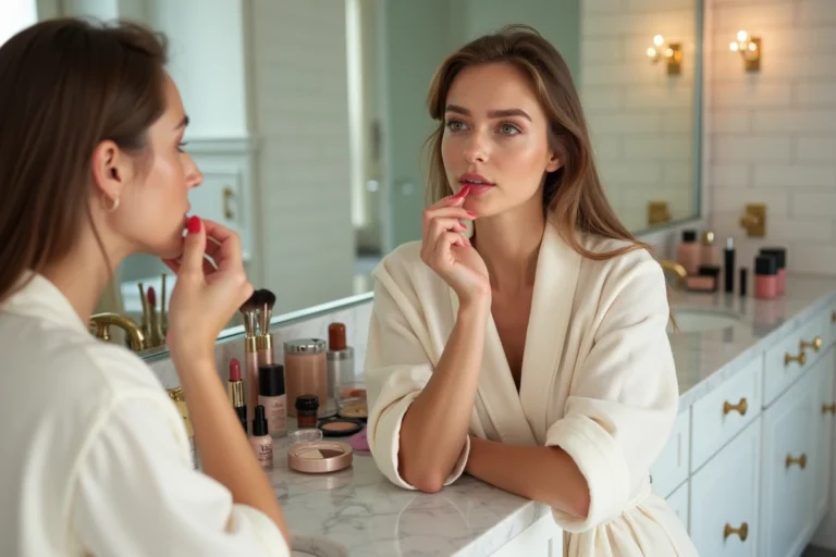 Jeune femme appliquant un rouge à lèvres corail tendance devant une coiffeuse en marbre avec des produits de maquillage variés