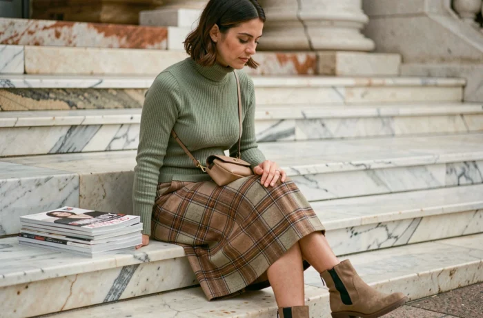 Femme assise sur des marches en marbre portant une tenue mode automnale avec jupe plaid et bottines chunky, entourée de magazines de mode