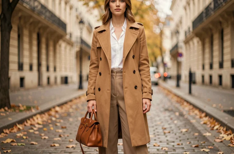 Femme élégante en trench coat camel portant un sac en cuir structuré dans une rue pavée parisienne en automne