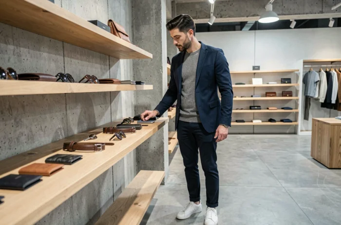 Homme stylé en blazer marine explorant des accessoires de mode dans un concept store minimaliste au décor en béton et bois