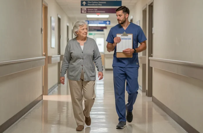 Physiothérapeute observant la marche et l'équilibre d'une patiente âgée dans un couloir hospitalier lors d'une évaluation Tinetti