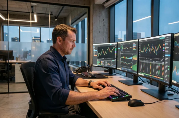 Analyste financier devant plusieurs écrans affichant des graphiques de cryptomonnaies dans un bureau fintech moderne