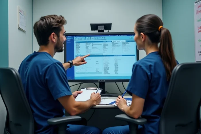 Deux infirmiers réalisant une transmission soignante sur logiciel de soins digital dans une salle de coordination