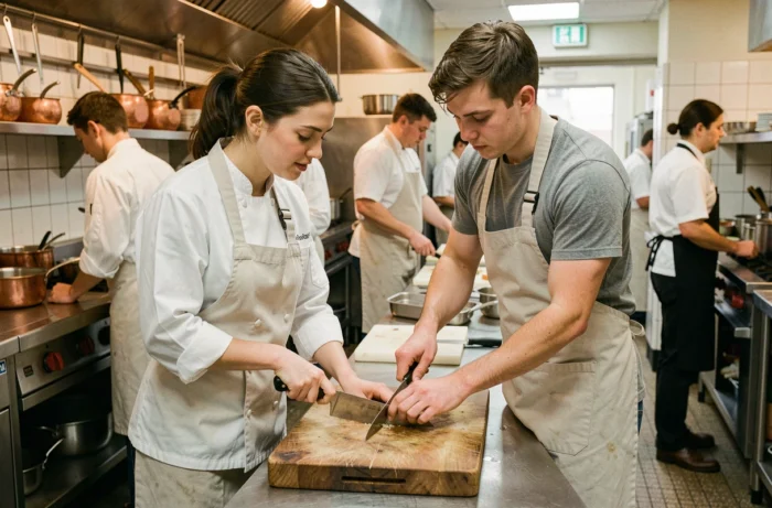 Cheffe cuisinière expérimentée transmettant un savoir-faire technique à un apprenti en cuisine professionnelle, symbolisant la formation terrain versus formation digitale