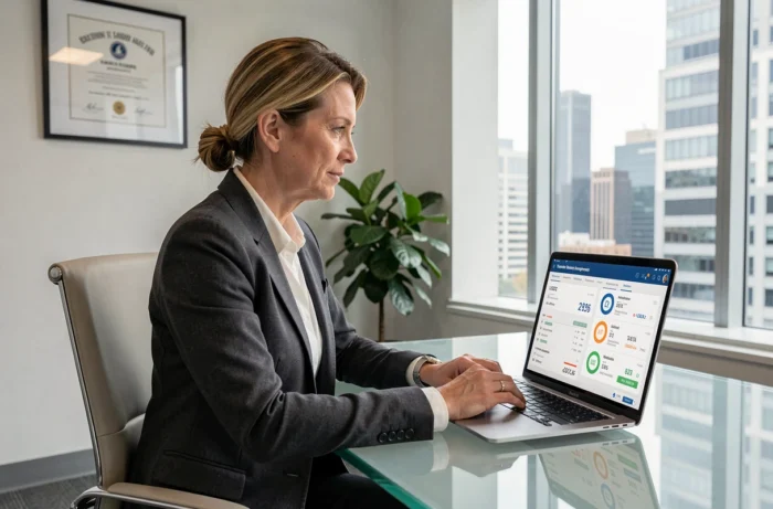 Analyste de trésorerie consultant un tableau de bord USDC stablecoin régulé pour la gestion de trésorerie crypto en entreprise