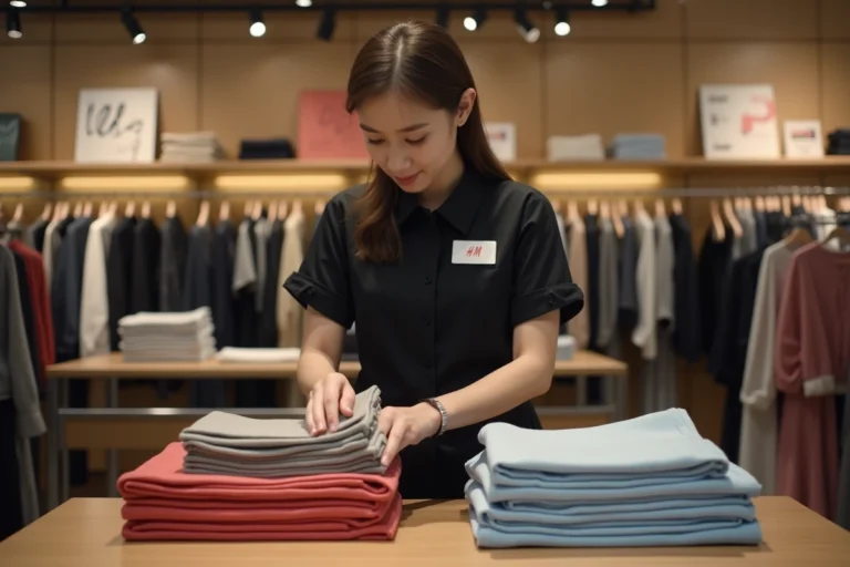 Vendeuse H&M en uniforme noir pliant des vêtements sur une table d'exposition dans un magasin moderne