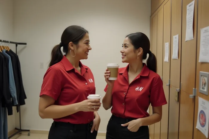 Deux vendeuses H&M en pause dans la salle de repos du personnel d'un magasin de mode