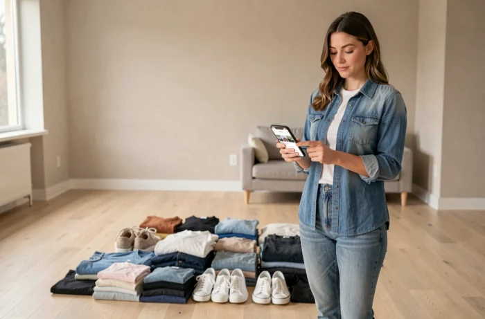 Femme tenant un smartphone affichant une application de revente comme Vinted, entourée de vêtements et objets à vendre chez elle