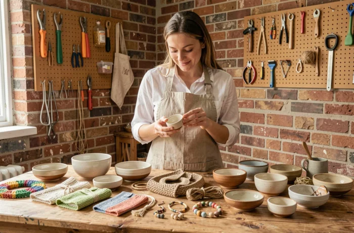 Femme artisane présentant ses créations faites main comme des céramiques et bijoux sur une table en bois, prêtes à être vendues sur Etsy