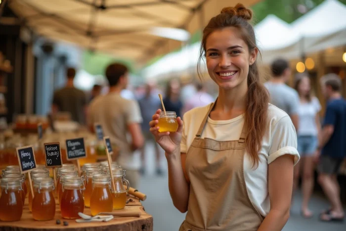 Jeune femme présentant des pots de miel artisanal étiquetés à la main sur un stand de marché fermier, symbolisant la transparence et l'authenticité autour du buzz du miel ABT
