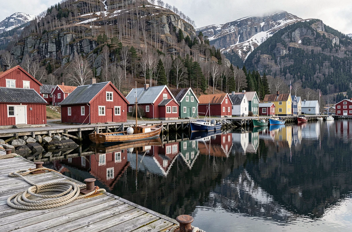 Village norvégien traditionnel aux maisons rouges en bois au bord d'un fjord calme avec reflets