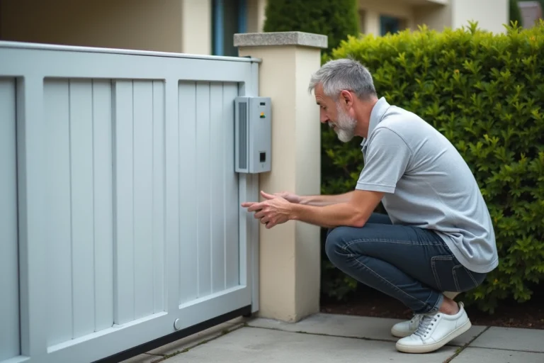 Homme inspectant le voyant clignotant sur le boîtier de commande d'un portail électrique Somfy