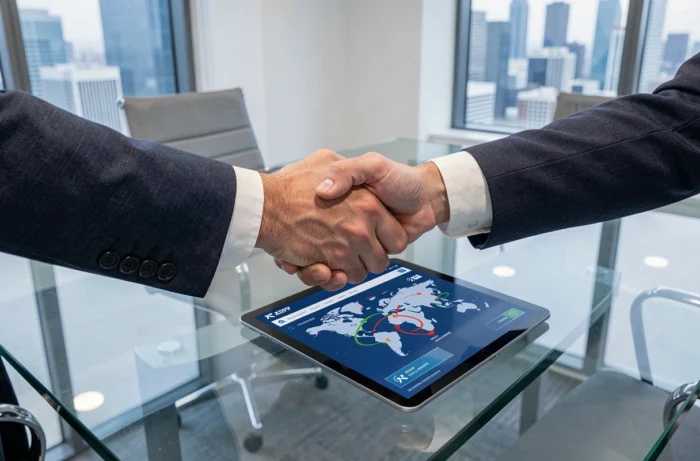 Deux professionnels se serrant la main au-dessus d'une tablette affichant une interface de paiement transfrontalier XRP Ripple